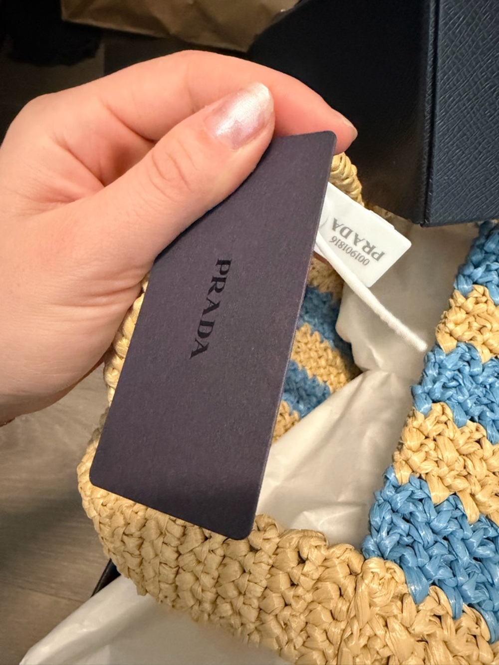 Prada Straw/Raffia Tote with Natural Beige and Light Blue Stripes - Picture 2 of 7